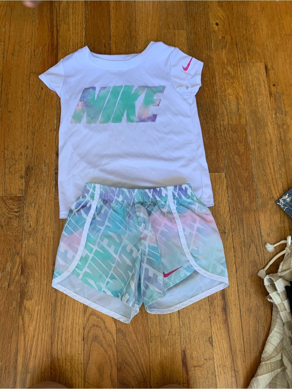 Nike White Tee with Pastel Multicolor Logo & Tie-Dye Shorts